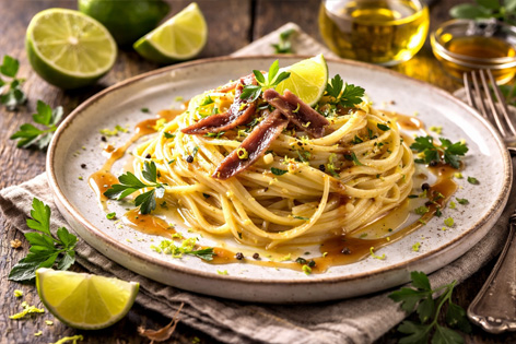 tagliolini alici liquirizia e lime